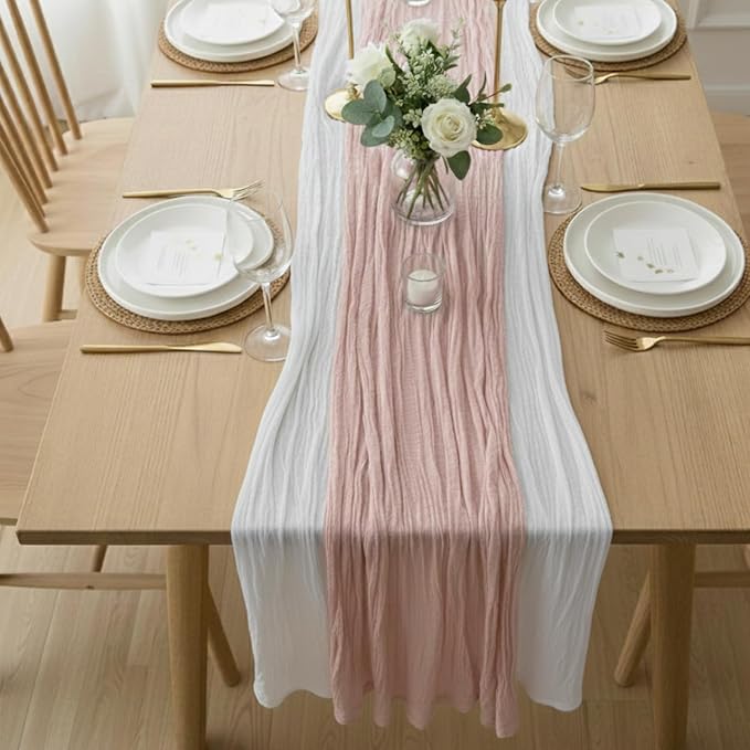 Cheesecloth Table Runner 2 Pack White and Dusty Pink, Boho Gauze Table Runner by Avolander