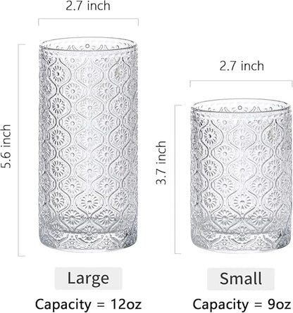 Glass Cups Vintage Glassware Set of 4, Drinking Glasses 12.5oz, Embossed Pattern Style Transparent Cocktail Glasses Set, for Ice Coffee,Juice,Beer,Bar Beverages,Drinkware, Transparent (L)