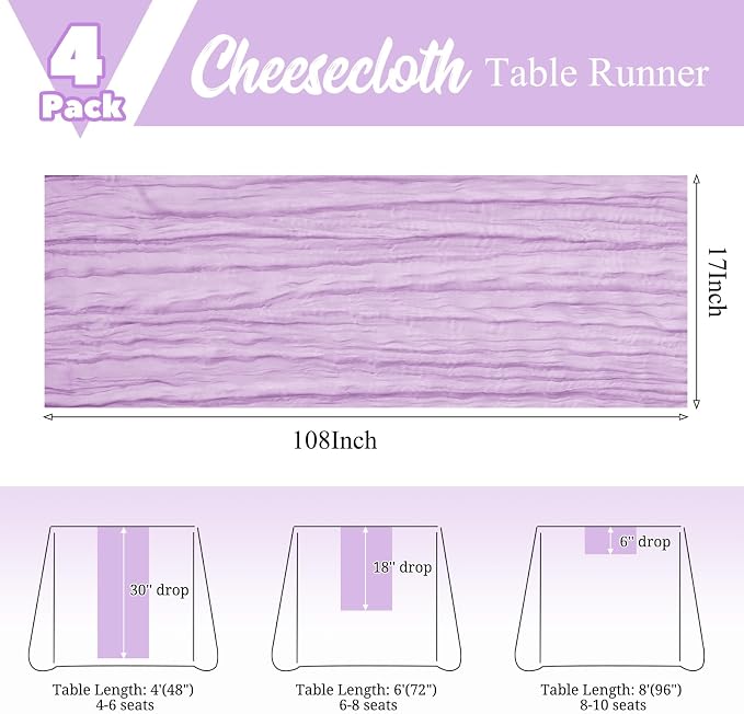 4 Pack Lavender Table Runner 17 x 108inch Cheesecloth Table Runner Boho Gauze - Image 3