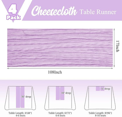 4 Pack Lavender Table Runner 17 x 108inch Cheesecloth Table Runner Boho Gauze - Image 3