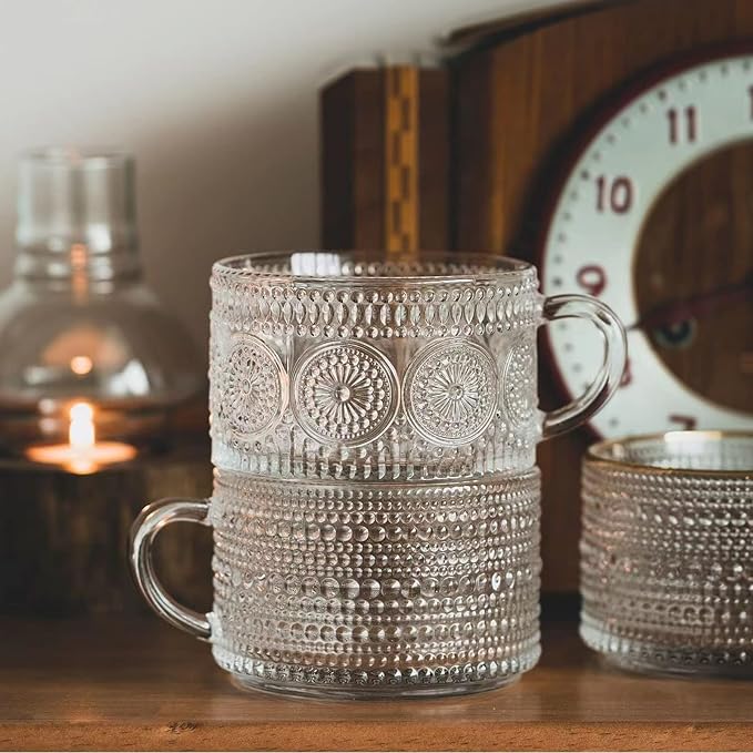 Mfacoy Vintage Coffee Mugs Set of 2, 14 oz Embossed Glass Cups - Image 4