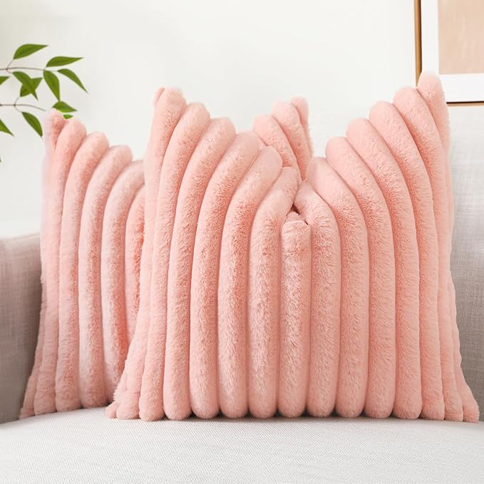decorUhome Cozy Faux Fur Throw Pillow Covers 22x22 Set of 2 Decorative Plush Striped Modern Farmhouse Boho Couch Euro Sham Pillow Cases with Velvet Back for Sofa Bed Living Room Valentines, Blush Pink