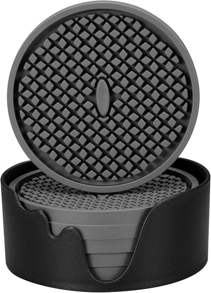 ME.FAN Silicone Coasters [6 Pack] Thickened Drink Coasters with Holder - Cup Mat - Non-Slip, Non-stick, Stay Put, Deep Tray - Prevents Furniture and Tabletop Damages(Gray)
