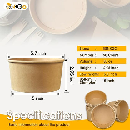Ginkgo 90 Count 30 oz Extra Large Disposable Paper Bowls | Leak Proof, Heavy - Image 3