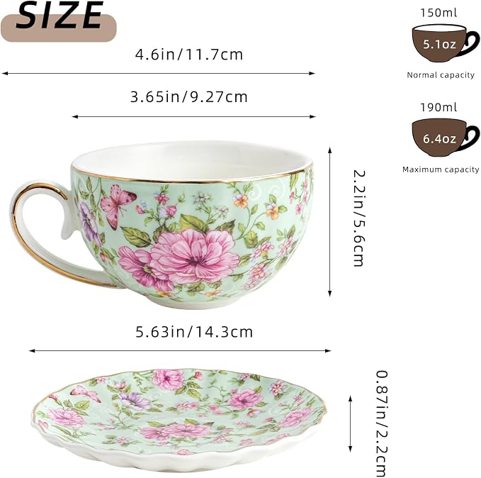 Agyiuns Tea Cup and Saucers, 6.4oz Floral Tea Cups - Image 2