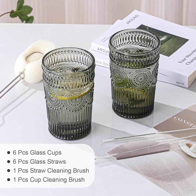 ZMOWIPDL Drinking Glasses Set of 6, 13oz Flower Design Grey Glass Cups | - Image 5