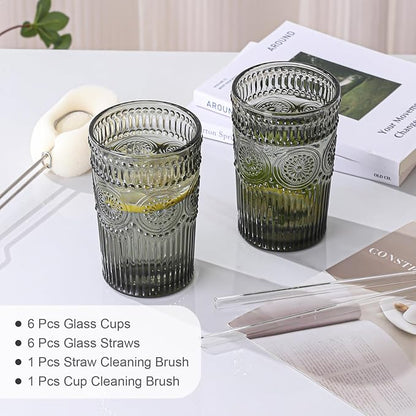 ZMOWIPDL Drinking Glasses Set of 6, 13oz Flower Design Grey Glass Cups | - Image 5