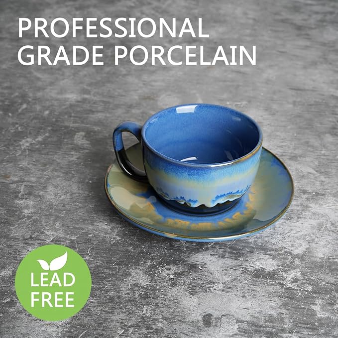 Bosmarlin Ceramic Cappuccino Cup and Saucer Set of 2, 10 Oz, Dishwasher and - Image 3