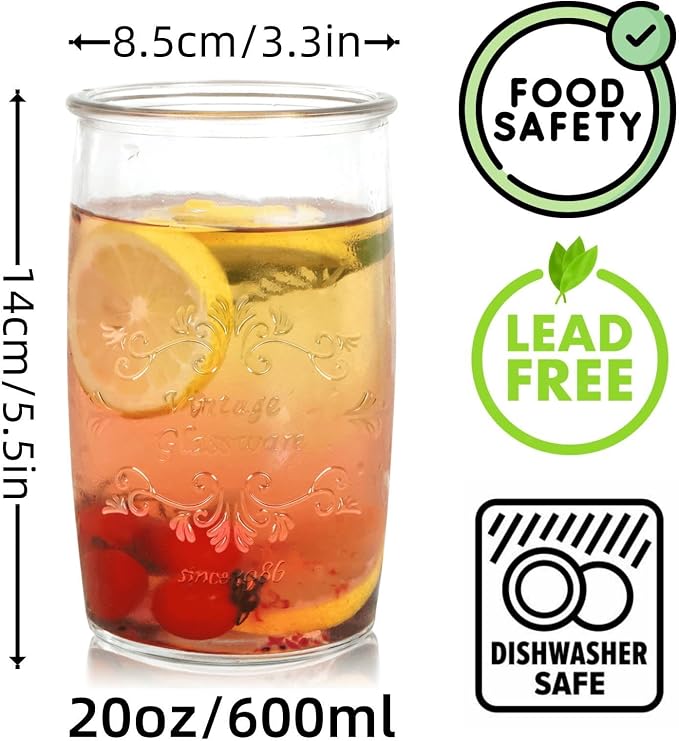 Dingerjar Vintage Drinking Glasses set of 6 Artisan Crafted 20 Oz Premium Clear - Image 2