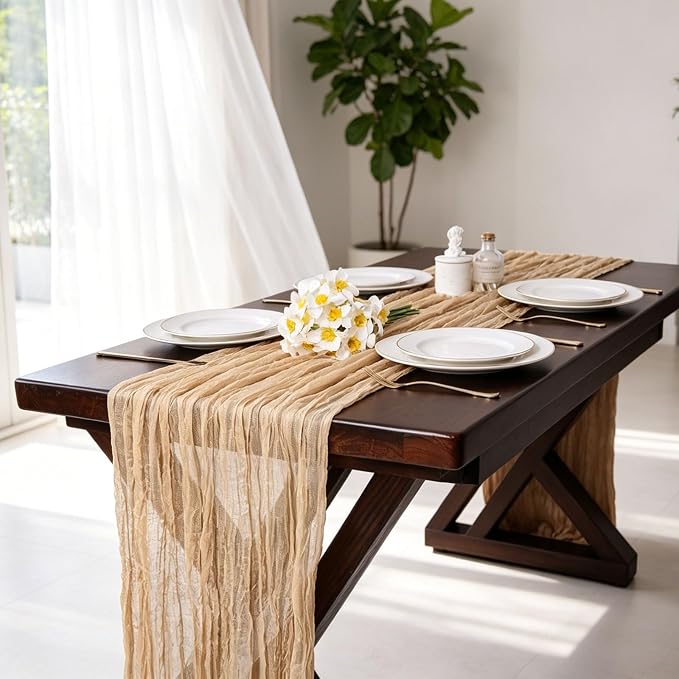 13.3FT Long Sand Cheesecloth Table Runner Boho Table Runner Transparent Rustic - Image 6