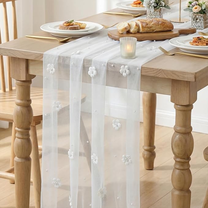 Artoid Mode Flower Pearl White Gauze Table Runner 10FT, Seasonal Sheer Dining - Image 6