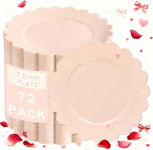 SUT 72-Count Pink Plastic Plates Disposable 7.5 Inch - Scalloped Edge Dessert Plates for Valentine’s Day, Parties, Birthdays, Weddings | Lightweight & Durable Disposable Dinnerware (72 Pack)