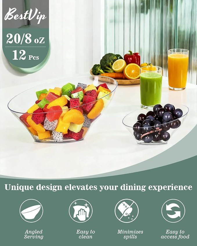 BESTVIP 8 Oz Clear Plastic Angled Serving Bowls, 12 Pack | Disposable Bowls - Image 6