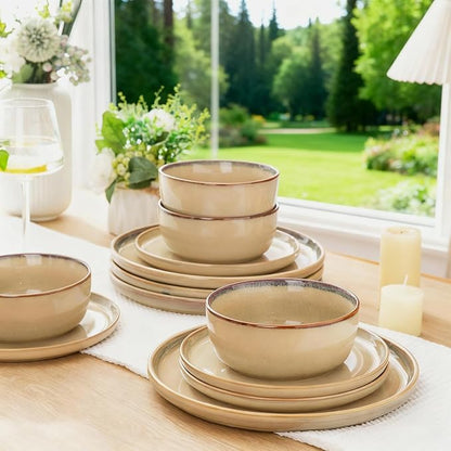 AmorArc Stoneware Dinnerware Sets,Round Reactive Ceramic Plates and Bowls Set,Highly Scratch Resistant | Dishwasher & Microwave Safe Dishes,Service for 4 (12pc)