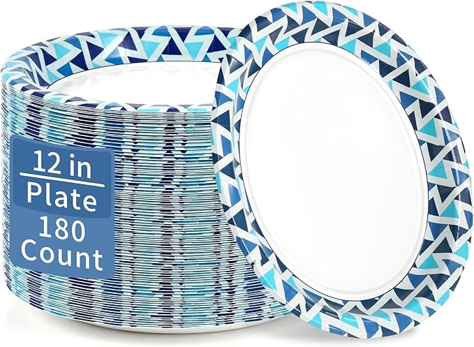 Paper Plates 12 Inch, Microwave Safe, Sturdy Bulk Paper Plates, Elegant Blue by OuMuaMua