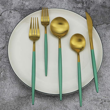 Green Handle Matte Gold Silverware, Gugrida 5-Piece 18/10 Stainless Steel - Image 7