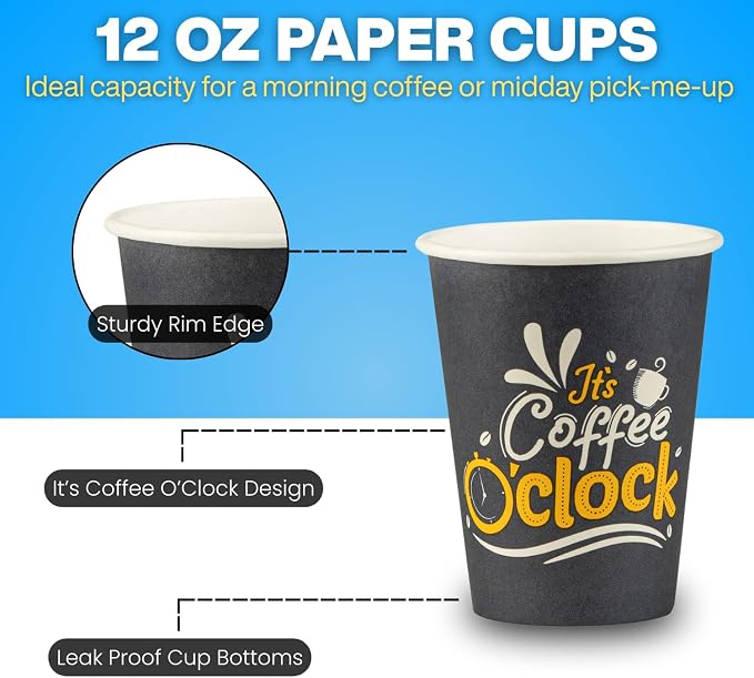 Disposable Coffee Cups, To Go Paper Hot Cups, Coffee O'Clock Design - Image 5