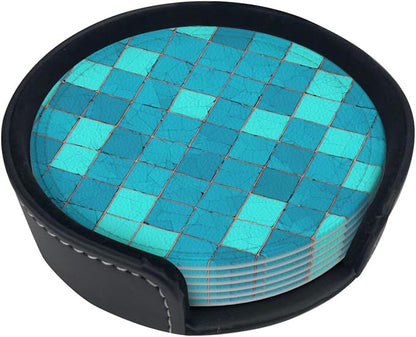 Ocean Blue Turquoise Scales Leather Coasters Set of 6 by Nameapo