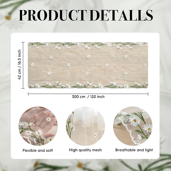 Artoid Mode Daisy Floral Milky White Shaped Gauze Embroidery Table Runner 120 - Image 6