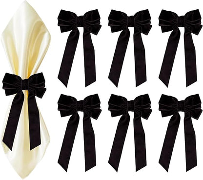 Bow Napkin Rings Set of 6 Luxury Soft Black Velvet Napkin Holders, Elegant Bow Design for Christmas Holiday Dinner Wedding Party Table Decor