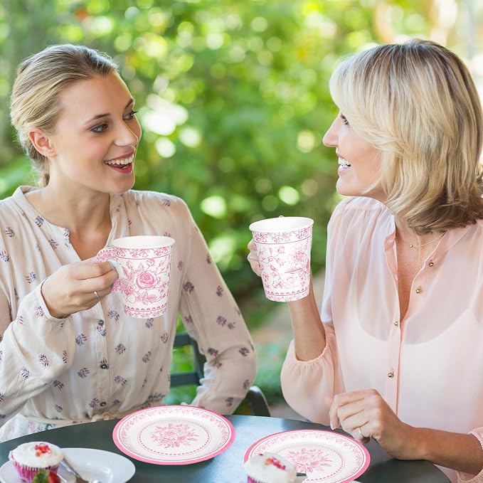 Whaline 80 Pcs Pink White Floral Paper Tea Cups and Saucers Porcelain - Image 6