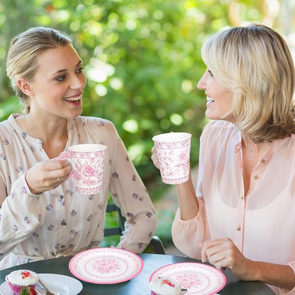 Whaline 80 Pcs Pink White Floral Paper Tea Cups and Saucers Porcelain - Image 6