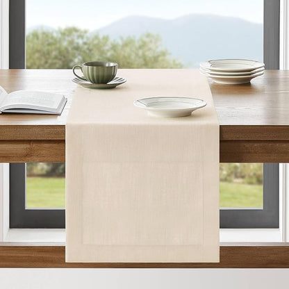 Linen Textured Border Table Runner, 14 x 48 Inch Cream | Mitered Corner Design by ZEEMARTONLINE