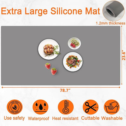 Extra Large Silicone Mat, 78.7''x23.6''(200cmx60cm) Heat Resistant Mats for Countertop, Waterproof Countertop Protector Mat, Cuttable Kitchen Countertop Mat, Silicone Mat for Kitchen Island, Dark Gray