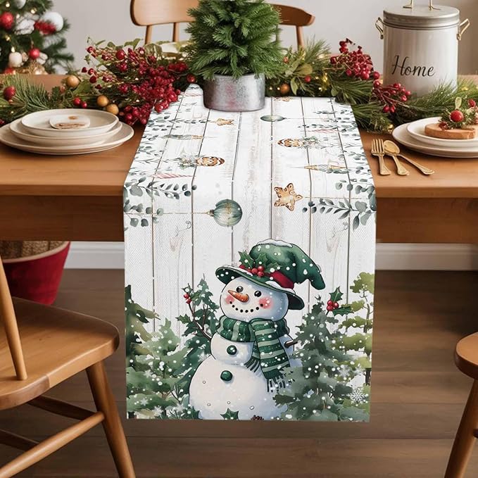 Christmas Snowman Table Runner 48 Inches Long, Xmas Trees Eucalyptus Leaves - Image 2