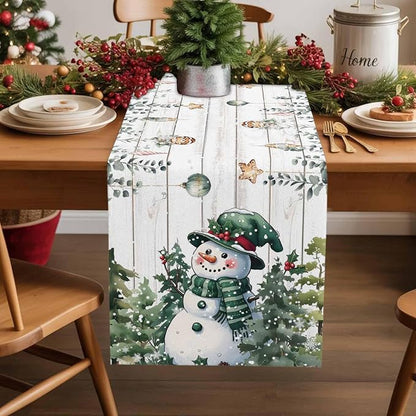 Christmas Snowman Table Runner 72 Inches Long, Xmas Trees Eucalyptus Leaves - Image 2