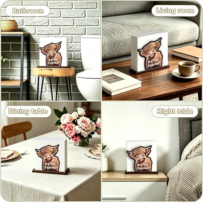 Cute Wooden Napkin Holder Highland Cow Design Farmhouse Cow Are You Pooping - Image 4