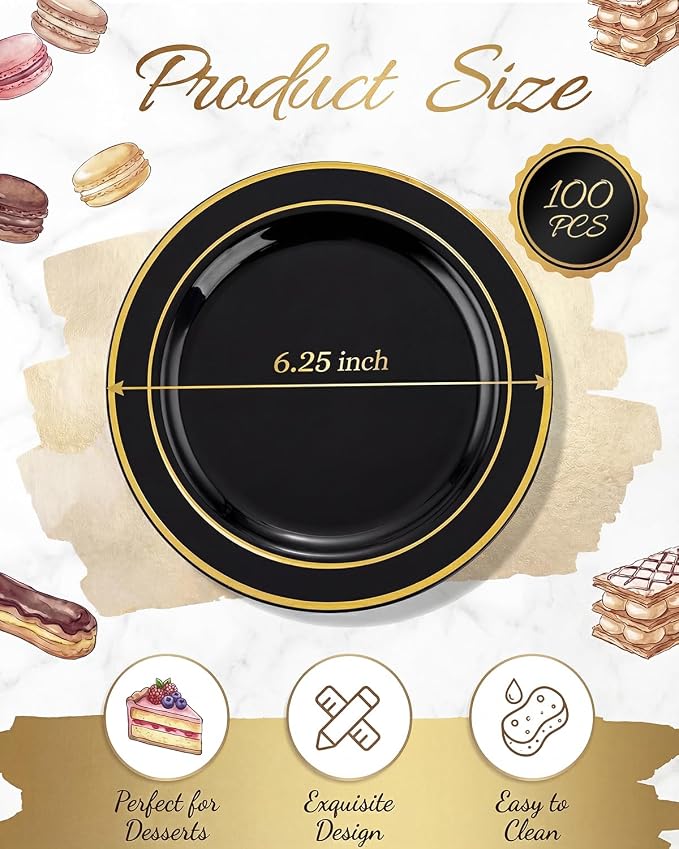 bUCLA 100PCS Black and Gold Plastic Plates - Image 2