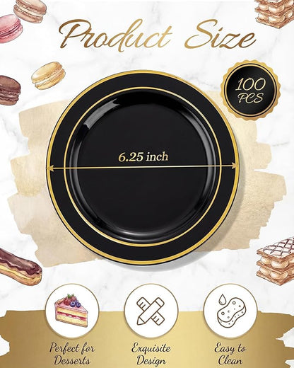 bUCLA 100PCS Black and Gold Plastic Plates - Image 2