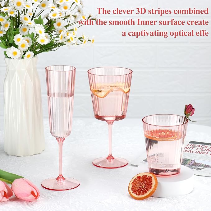 24 PCS Plastic Ribbed Drinking Glasses Pink 10oz Vintage Ripple Stemless Wine - Image 6