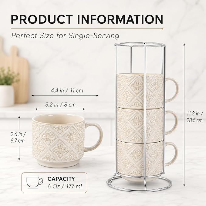 6 Oz Coffee Cups with Stand, Stackable Espresso Cups Set of 4, Ceramic - Image 2