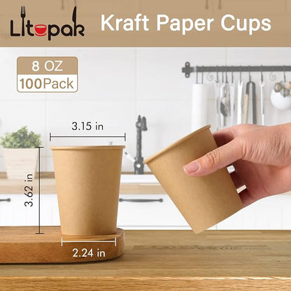 LITOPAK 100 Pack 8 oz Kraft Paper Coffee Cups, Disposable Coffee Cups 8 oz | - Image 2
