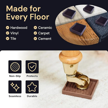 CasterMaster Non Slip Furniture Pads - 2 in x 2 in Brown 4 Pack - Chair Leg Floor Protectors & Furniture Sliders for Hardwood, Vinyl & Tile Floors - Bed Stoppers