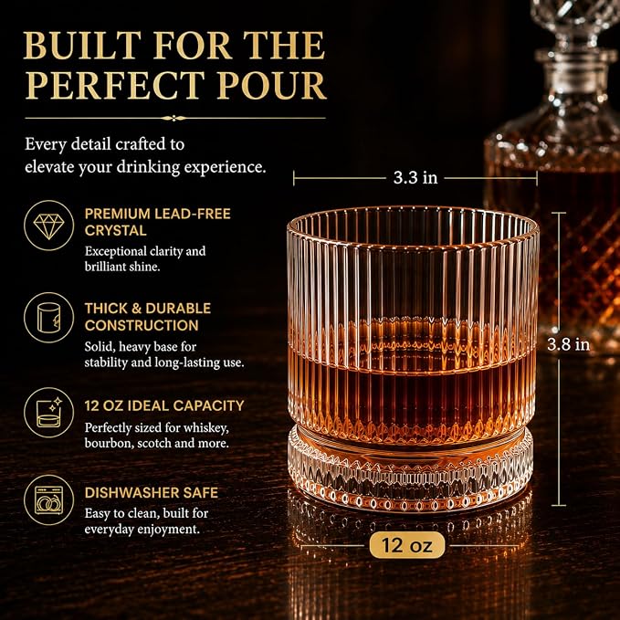 Vintage Whiskey Glasses Set of 4, 12 oz Crystal, Luxury Gift Box | Old fashioned - Image 3