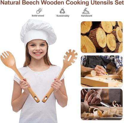 Wooden Cooking Utensils, 6 Pieces Natural Beech Wooden Spoons For Cooking with Unique Notch & Heat Resistant Design, Non-Stick Wood Kitchen Utensil Set with Hanging Hole for Kitchen Essentials