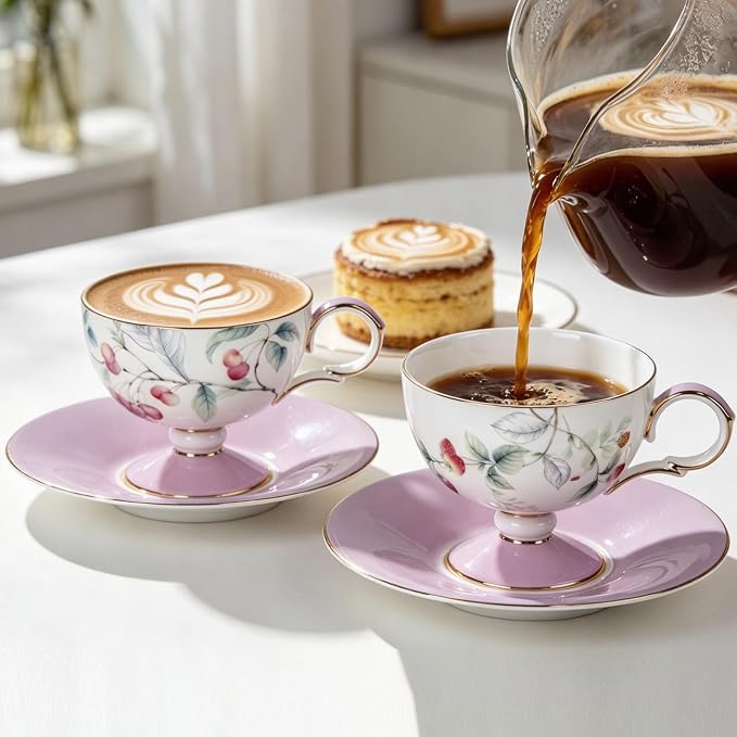 KAMMAK Tea Cups Set of 2, Ceramic Floral Pattern Demitasse Cup | Porcelain - Image 5