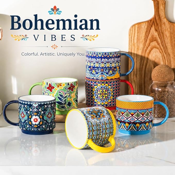 Coffee Mugs Set of 6, 12 oz Ceramic Boho Stackable Cups - Image 3
