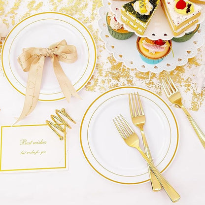 I00000 144 Small Plastic Dessert Plates Set Include 72 Pcs Gold Dessert Plates 7.5" with 72 Pcs Forks 7.5",Disposable Cake Plate,Fancy White Gold Plastic Small Plates for Party