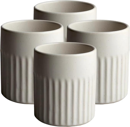 Goodies White Ribbed Water Cups (Set of 4), Handmade Ceramic, Glazed, Dishwasher Safe, Microwave Safe, Secure Grip, Ergonomic Shape, Modern, 9 oz