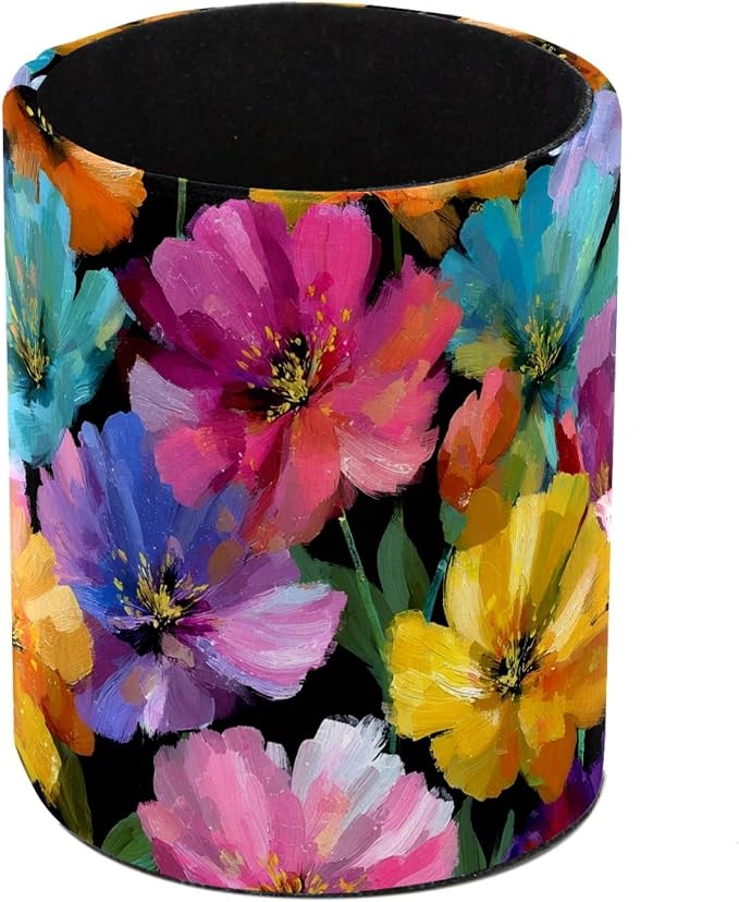 Leather Pen Holder for Desk, Oil Painting Flower Pencil Cup Pen Organizer by Unknown