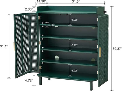 ORRD Shoe Cabinet, 5 Tier Boho Wooden Shoe Storage Organizer Cabinet with Adjustable Shelves, Shoes Rack with Iron Rattan Curved Doors Accent Cabinet for Entryway Hallway Living Room, Green