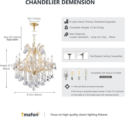 Modern Gold Chandelier Light Fixtures - 8 Lights Luxury Crystal Chandeliers for Dining Room, Kitchen Island, Living Room, Bedroom