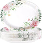 50Pcs Spring Floral Oval Paper Plates 10"x12" Large Disposable Watercolor Eucalyptus Leaf Dinner Platters Heavy Duty Sage Greenery Pink Flower Plates for Summer Baby Shower Bridal Shower Wedding Decor