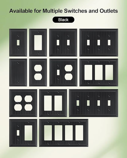 6-Pack Classic Beadboard Duplex Outlet Cover Plate, Decorative Matte Black Switch Plates and Outlet Covers, Natural Bamboo Fiber Wall Plates for Electrical Outlets, 1 Gang Receptacle Cover