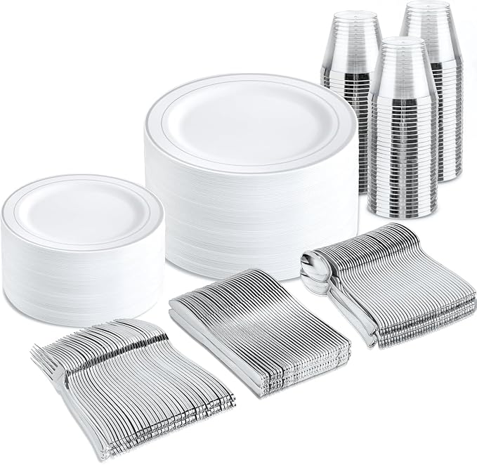bUCLA 300PCS Silver Disposable Plastic Dinnerware Set by BUCLA