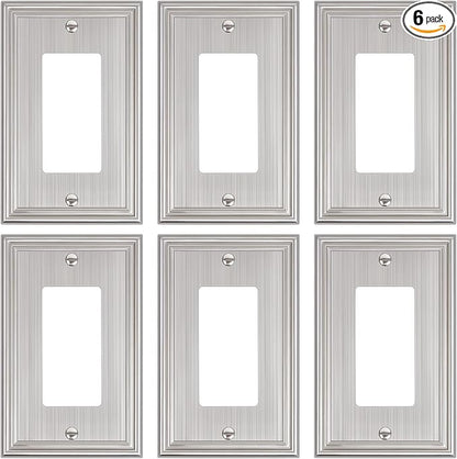 6-Pack Decorator Outlet Cover Plate, Brushed Nickel Decorative Switch Plates and Outlet Covers, Durable Zinc Alloy Wall Plates for Electrical Outlets, Receptacle, GFCI Outlet, Dimmer Switch